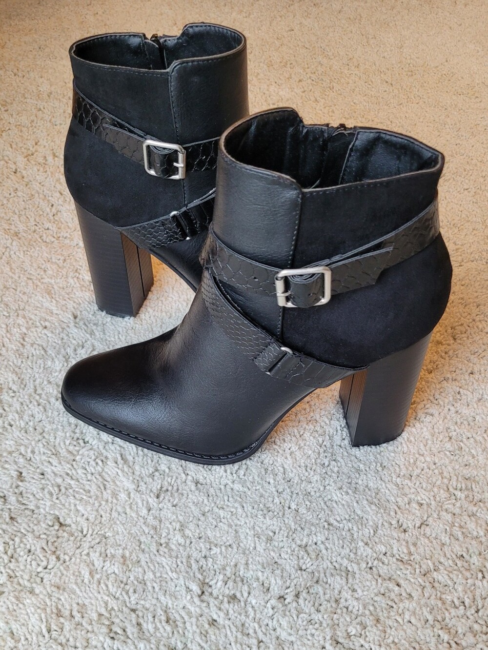 3 Textures In Black, Silver Hardware =     a Stunning Boot Stacked Heels 3 3/4